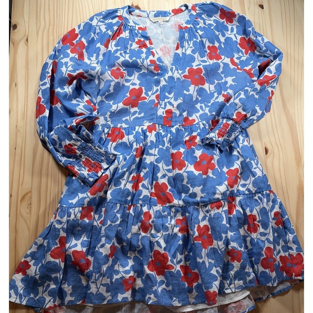 Mahi Gold Dress Size Medium Wildflowers Poppy Floral 100% Linen Pockets Red Blue